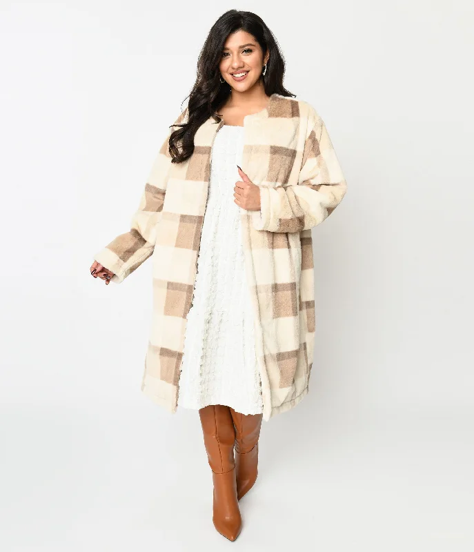 Ivory & Tan Plaid Faux Fur Long Cardigan