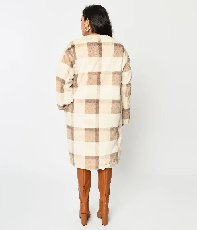 Ivory & Tan Plaid Faux Fur Long Cardigan