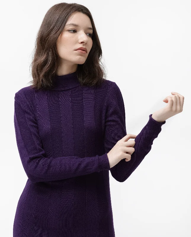 Rareism Women'S Knitka Purple Cotton Fabric Full Sleeves Turtle Neck Regular Fit Striped Knee Length Sweater