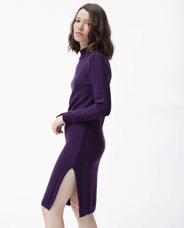 Rareism Women'S Knitka Purple Cotton Fabric Full Sleeves Turtle Neck Regular Fit Striped Knee Length Sweater