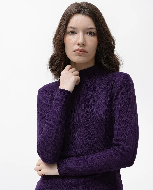 Rareism Women'S Knitka Purple Cotton Fabric Full Sleeves Turtle Neck Regular Fit Striped Knee Length Sweater