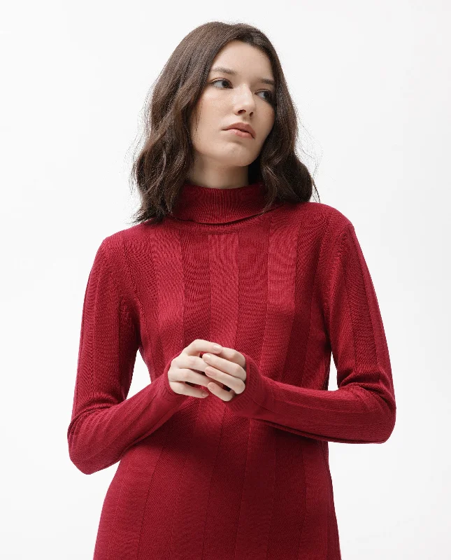 Rareism Women'S Knitka Red  Full Sleeves Knee Length Regular Fit Striped Turtle Neck Sweater