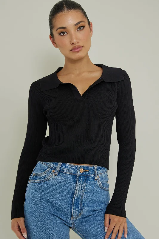 Lake Days Collared Knit Top Black