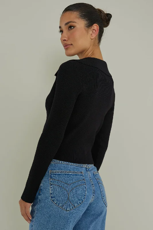 Lake Days Collared Knit Top Black