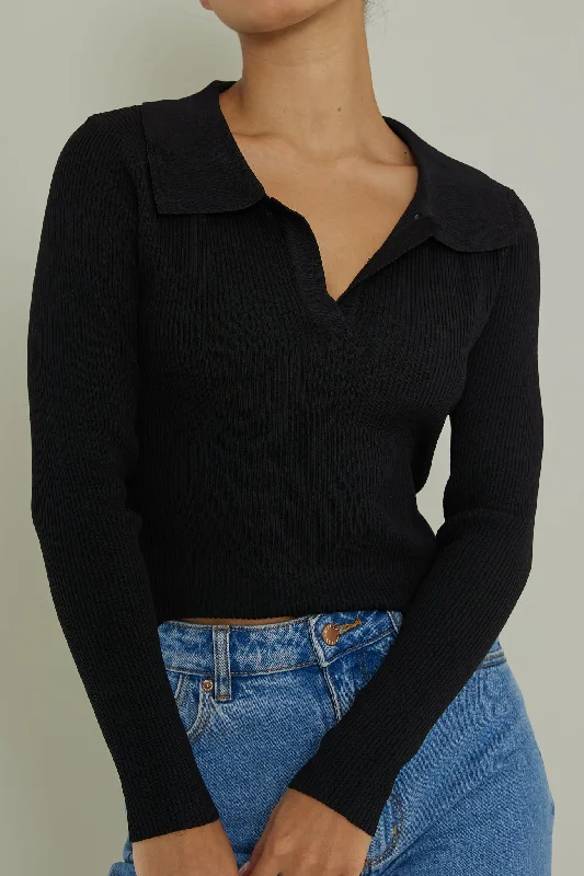 Lake Days Collared Knit Top Black