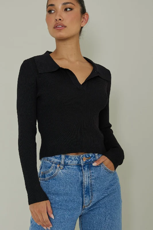 Lake Days Collared Knit Top Black