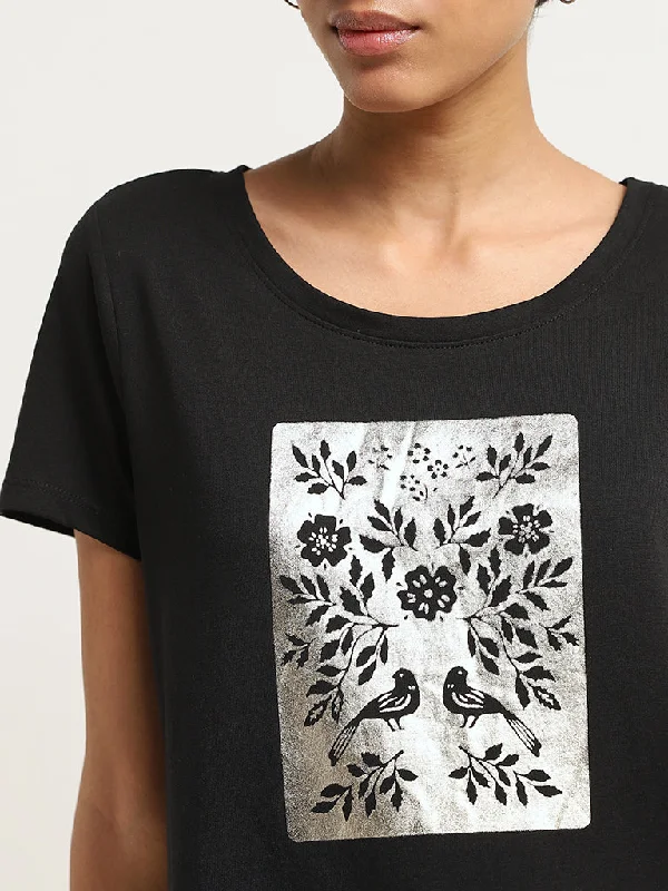 LOV Black Patch Printed Cotton T-Shirt