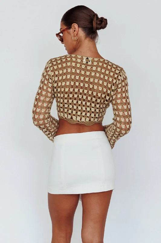 Maycie Long Sleeve Crochet Crop Top Taupe Multi