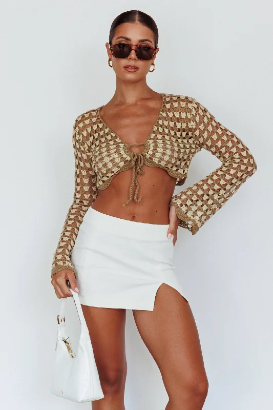 Maycie Long Sleeve Crochet Crop Top Taupe Multi