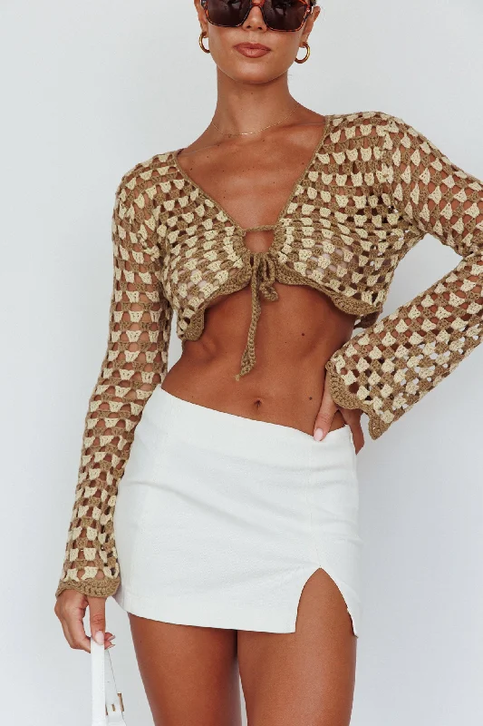 Maycie Long Sleeve Crochet Crop Top Taupe Multi