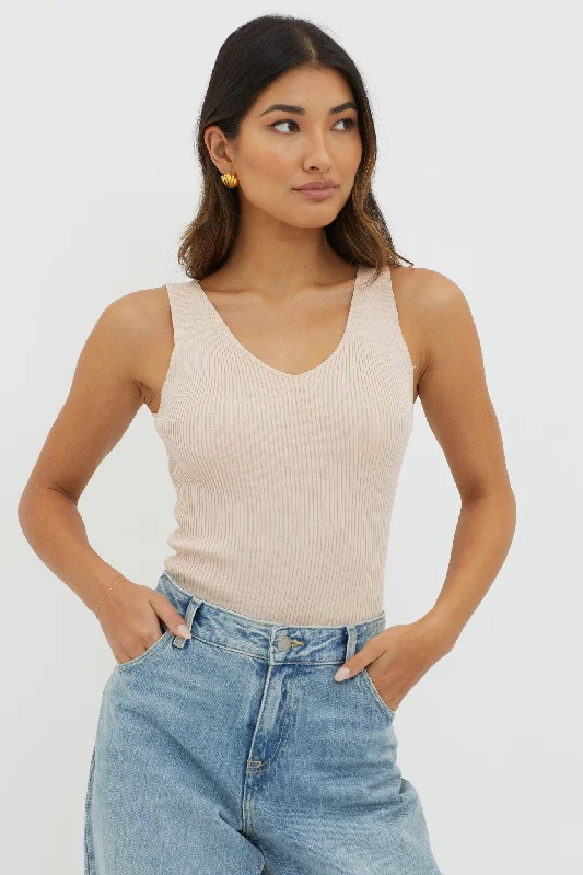 Off-Duty V-Neck Ribbed Knit Top Beige