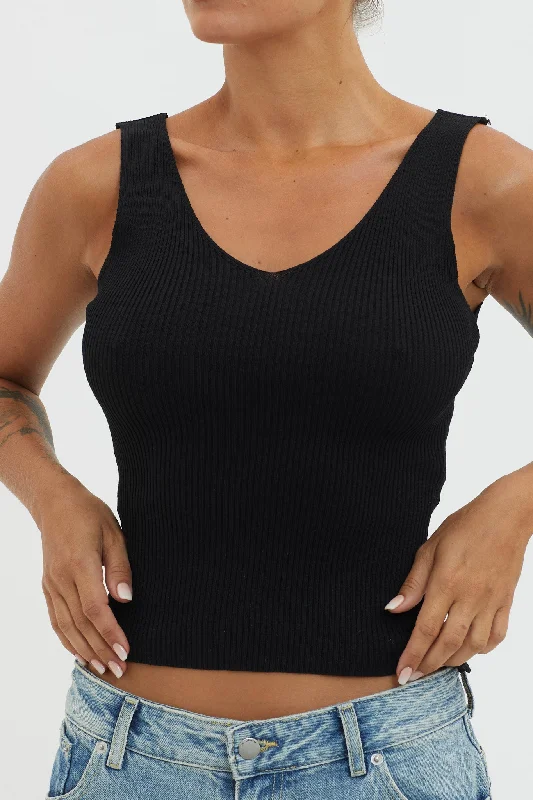 Off-Duty V-Neck Ribbed Knit Top Black