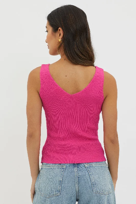 Off-Duty V-Neck Ribbed Knit Top Hot Pink