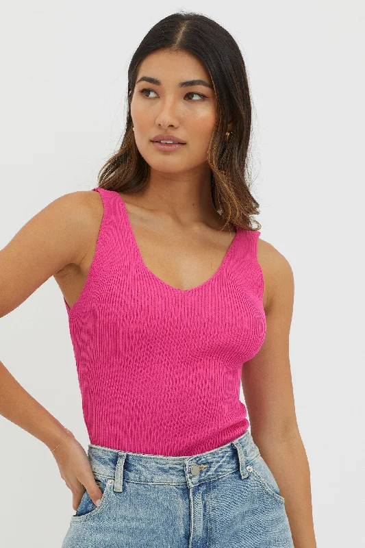 Off-Duty V-Neck Ribbed Knit Top Hot Pink