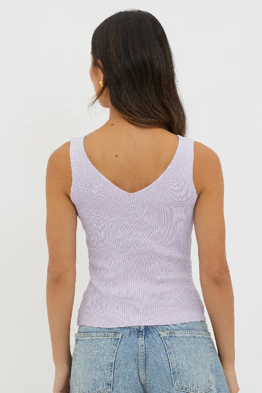 Off-Duty V-Neck Ribbed Knit Top Lilac