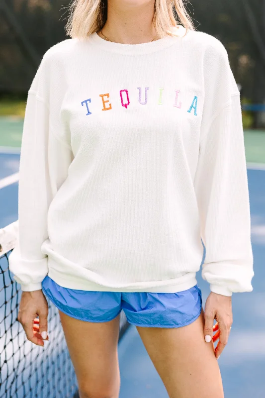 Tequila White Embroidered Corded Sweatshirt