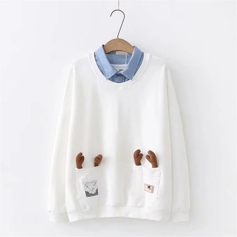 Women's Kawaii Antler Pockets Pure Color Loose Sweaters