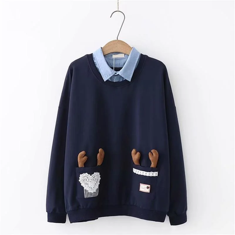 Women's Kawaii Antler Pockets Pure Color Loose Sweaters