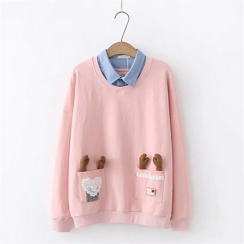 Women's Kawaii Antler Pockets Pure Color Loose Sweaters