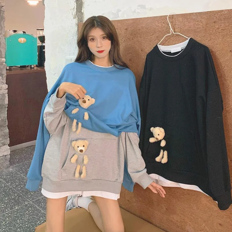 Women's Kawaii Pure Color Bear Doll Pocket Loose Sweaters 