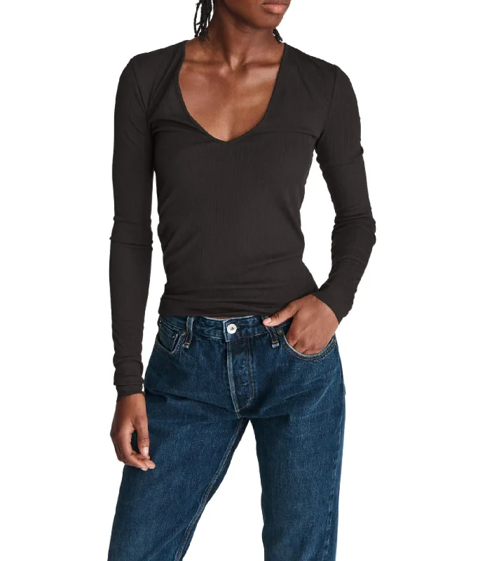 Zoe Deep V-Neck Rib Long Sleeve Top In Black